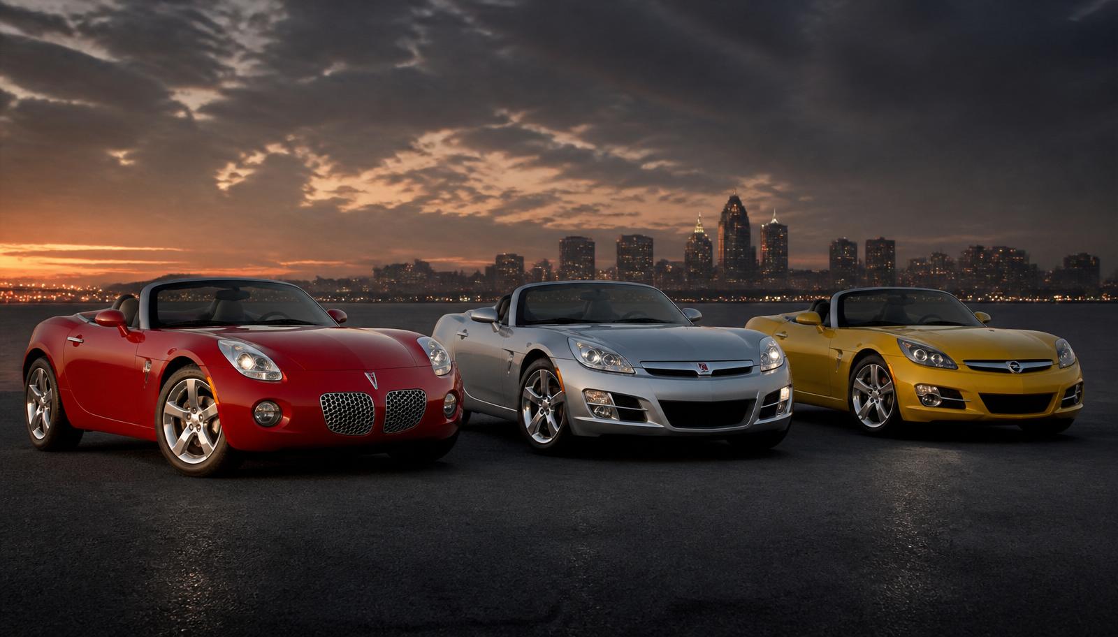 Opel GT, Saturn Sky and Pontiac Solstice — the three GM Kappa roadsters side by side